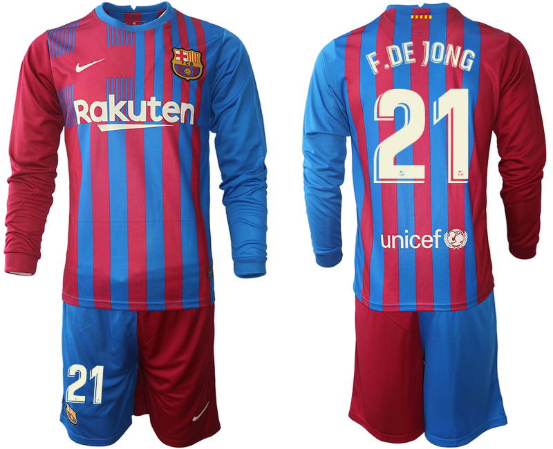 Men 2021-2022 Club Barcelona home red blue Long Sleeve #21 Nike Soccer Jersey
